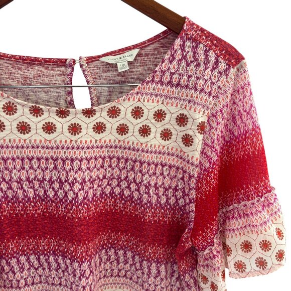 Lucky Brand Women's Top Size Large Red Multicolored Pattern Ruffled Sleeves - Picture 4 of 8